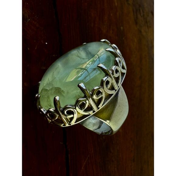 Prehnite Cabochon Handmade Sterling 925 Silver Gemstone RIng 5.5 - 5.75 - Picture 4 of 7
